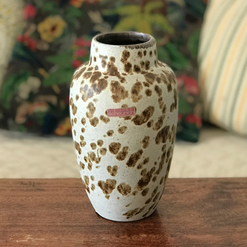 Vase vintage en grès beige gris moucheté tâcheté marron Scheurich par Hello Broc brocante en ligne