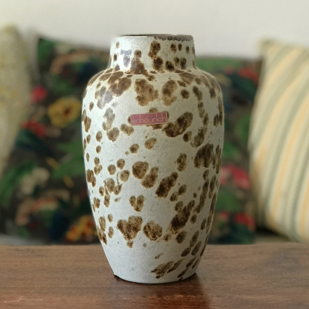 Vase vintage en grès beige gris moucheté tâcheté marron Scheurich par Hello Broc brocante en ligne