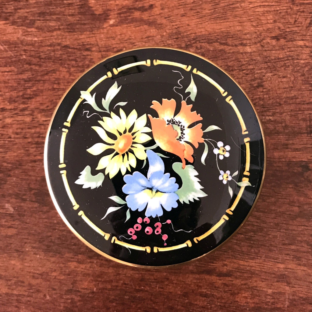 Ancienne petite bonbonnière en céramique Villeroy & Boch décor Xena bouquet de fleurs multicolores sur fond noir par Hello Broc brocante en ligne