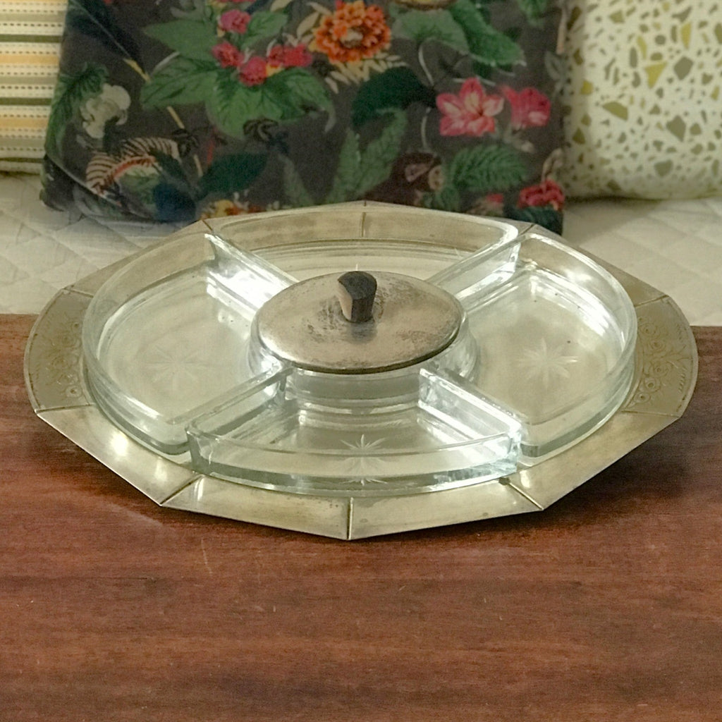 Serviteur plateau de service pour apéritif, mezzé ou pâtisseries années 50 avec 5 raviers d'origine par Hello Broc brocante en ligne