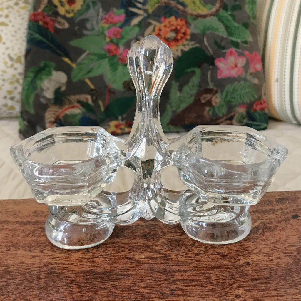 Salière et poivrière ou saleron double en cristal moulé années 50 60 par Hello Broc brocante en ligne