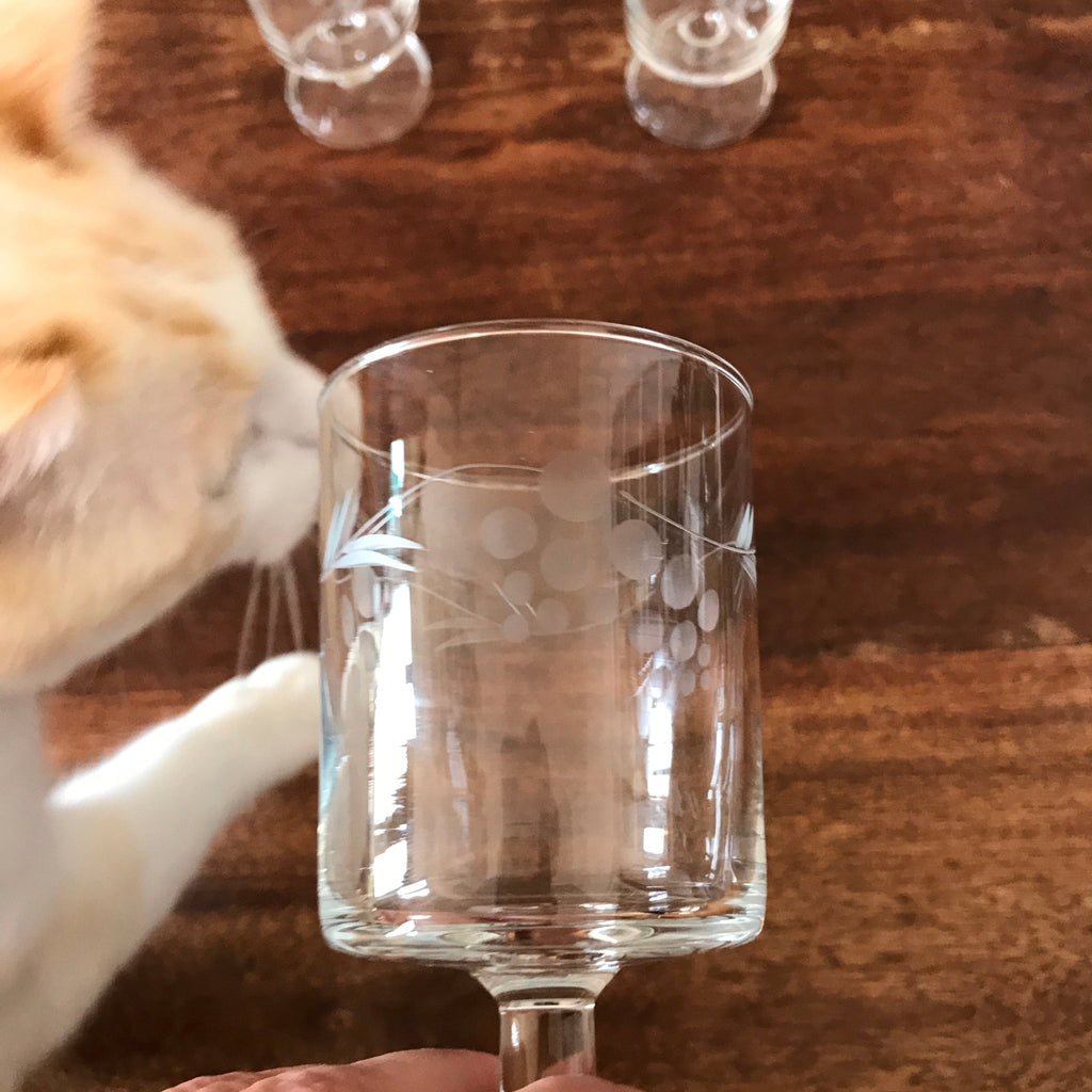 Lot de 5 ou 6 verres à vin années 70 attribués à Luminarc décor gravé grappes contenance 14 cl par Hello Broc brocante en ligne