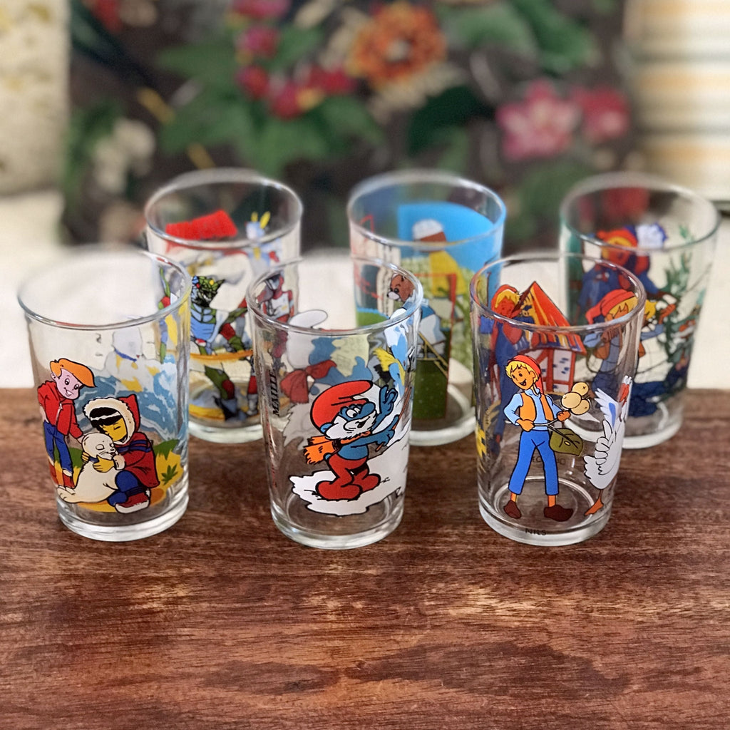 Lot de 6 verres illustrés à moutarde Amora vintage pour enfant par Hello Broc brocante en ligne