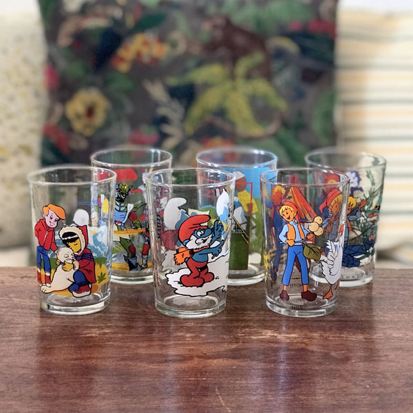 Lot de 6 verres illustrés à moutarde Amora vintage pour enfant par Hello Broc brocante en ligne