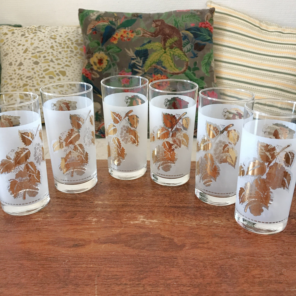 Lot de 6 verres vintage droits à orangeade long drink décor feuilles de vigne imprimé blanc et doré contenance 25 cl par Hello Broc brocante en ligne