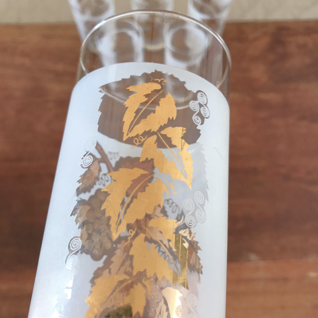 Lot de 6 verres vintage droits à orangeade long drink décor feuilles de vigne imprimé blanc et doré contenance 25 cl par Hello Broc brocante en ligne