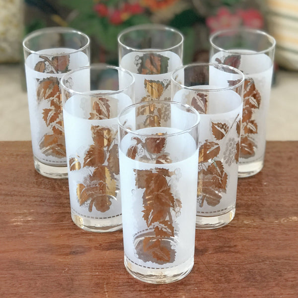 Lot de 6 verres vintage droits à orangeade long drink décor feuilles de vigne imprimé blanc et doré contenance 25 cl par Hello Broc brocante en ligne