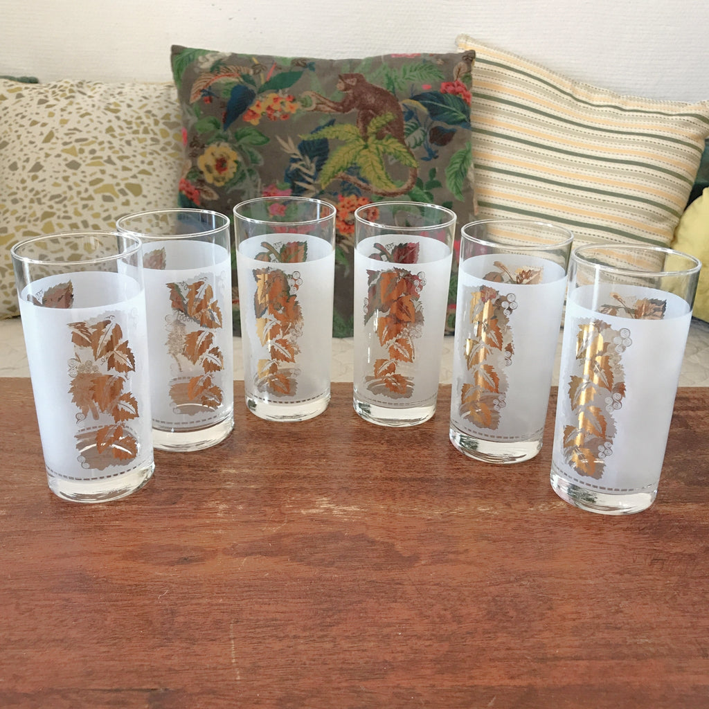 Lot de 6 verres vintage droits à orangeade long drink décor feuilles de vigne imprimé blanc et doré contenance 25 cl par Hello Broc brocante en ligne