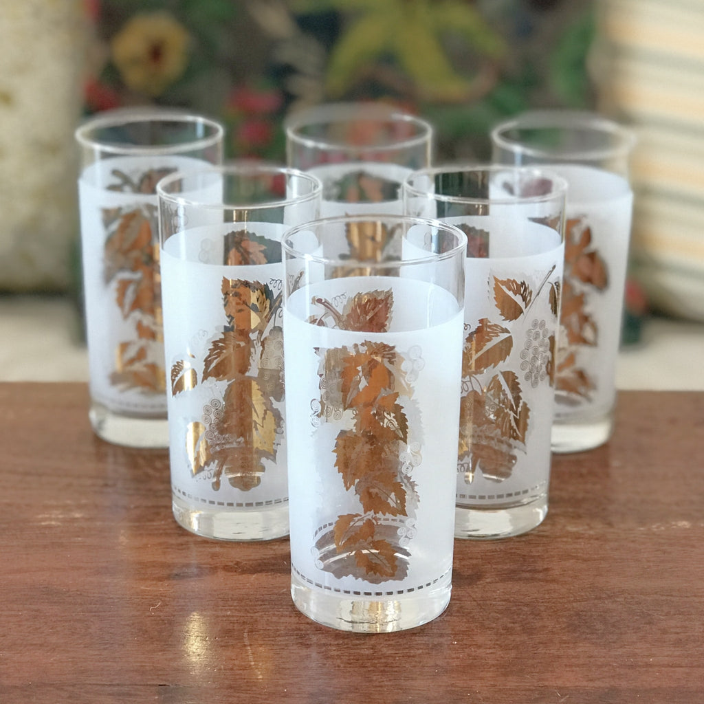 Lot de 6 verres vintage droits à orangeade long drink décor feuilles de vigne imprimé blanc et doré contenance 25 cl par Hello Broc brocante en ligne