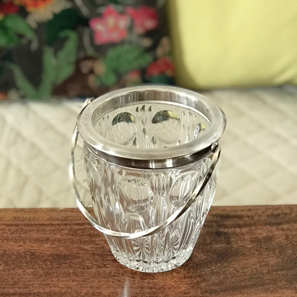 Petit seau à glace vintage en verre moulé paroi en relief et acier chromé par Hello Broc brocante en ligne