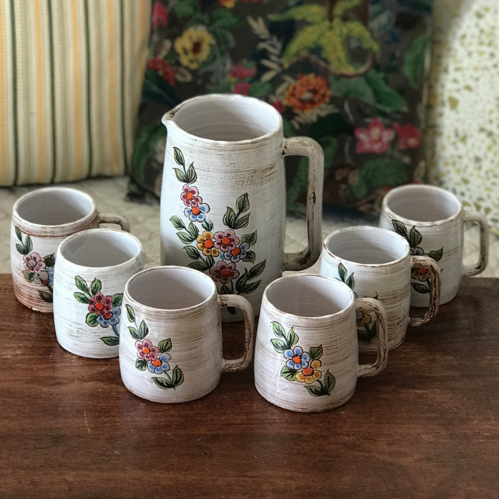 Service à orangeade ou citronnade  vintage en grès émaillé décor fleuri par Hello Broc brocante en ligne