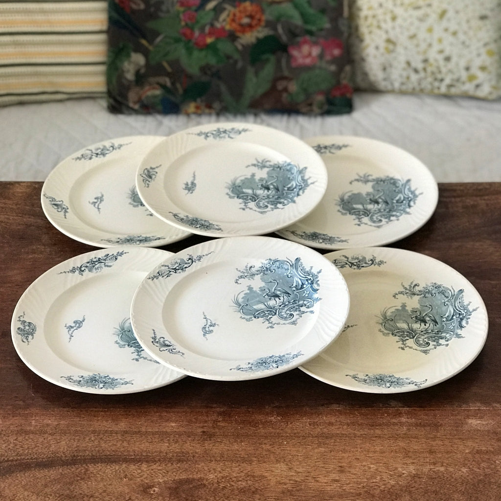 Lot de 6 assiettes plates en faïence de Lunéville K&G décor Rocaille Hérons par Hello Broc brocante en ligne