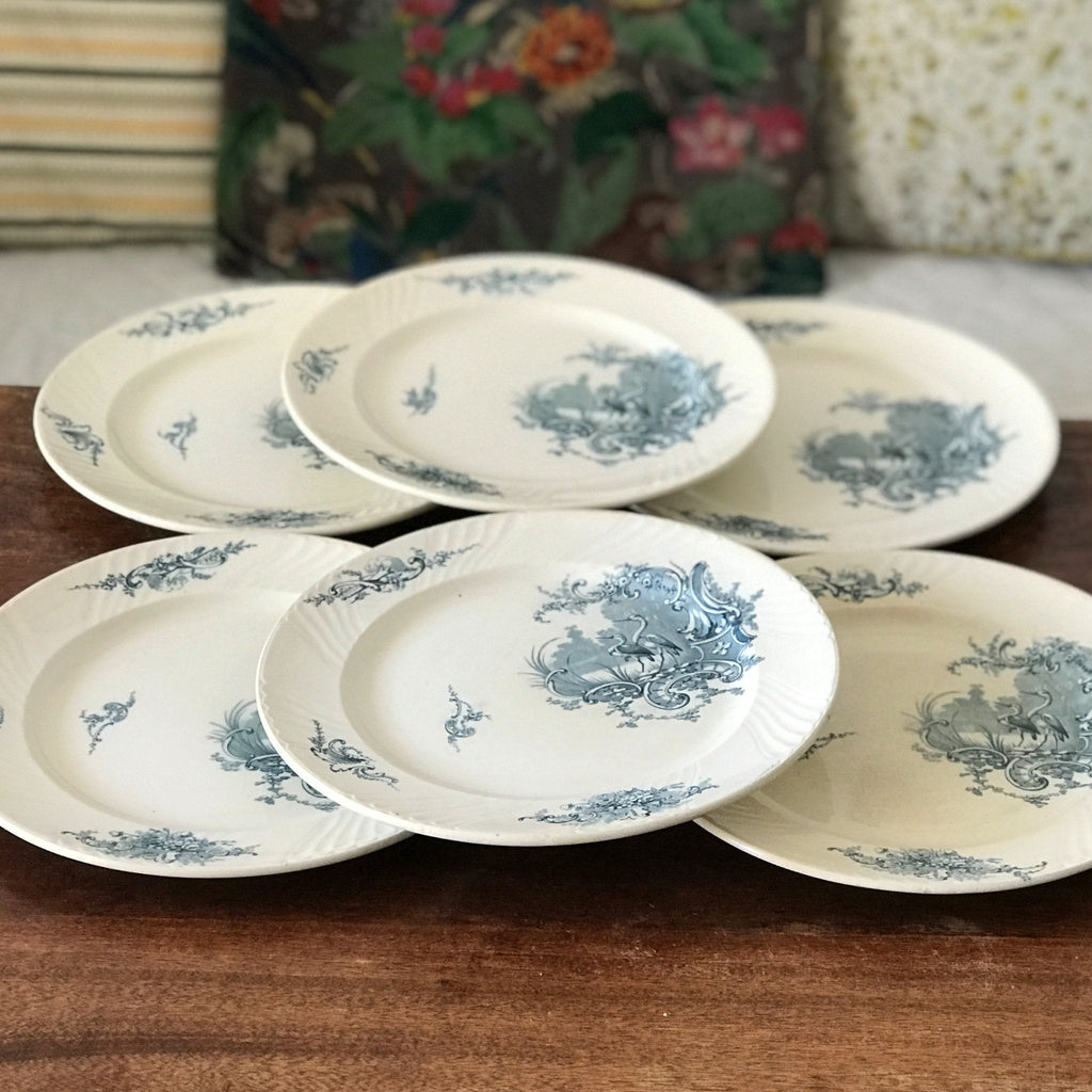 Lot de 6 assiettes plates en faïence de Lunéville K&G décor Rocaille Hérons par Hello Broc brocante en ligne
