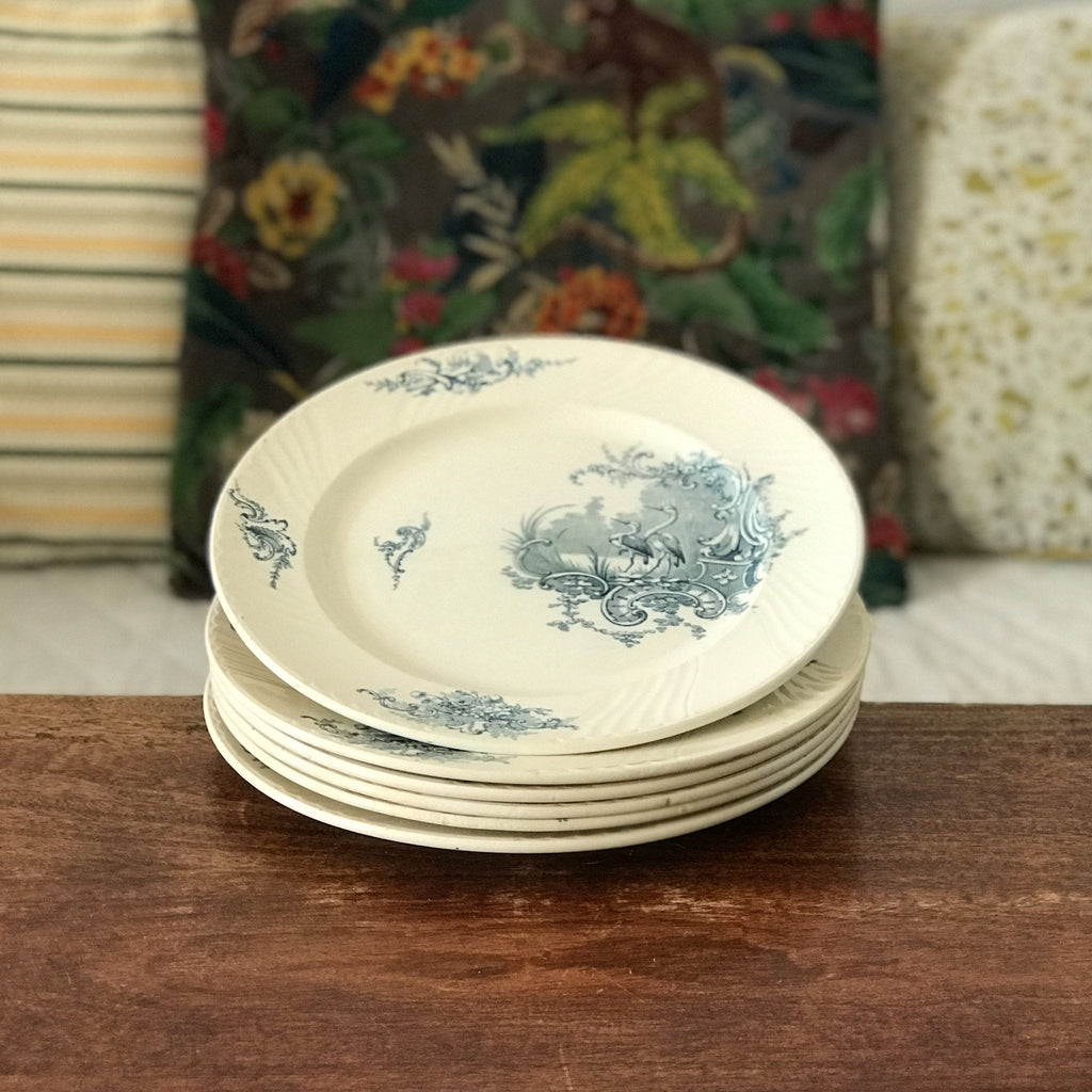 Lot de 6 assiettes plates en faïence de Lunéville K&G décor Rocaille Hérons par Hello Broc brocante en ligne