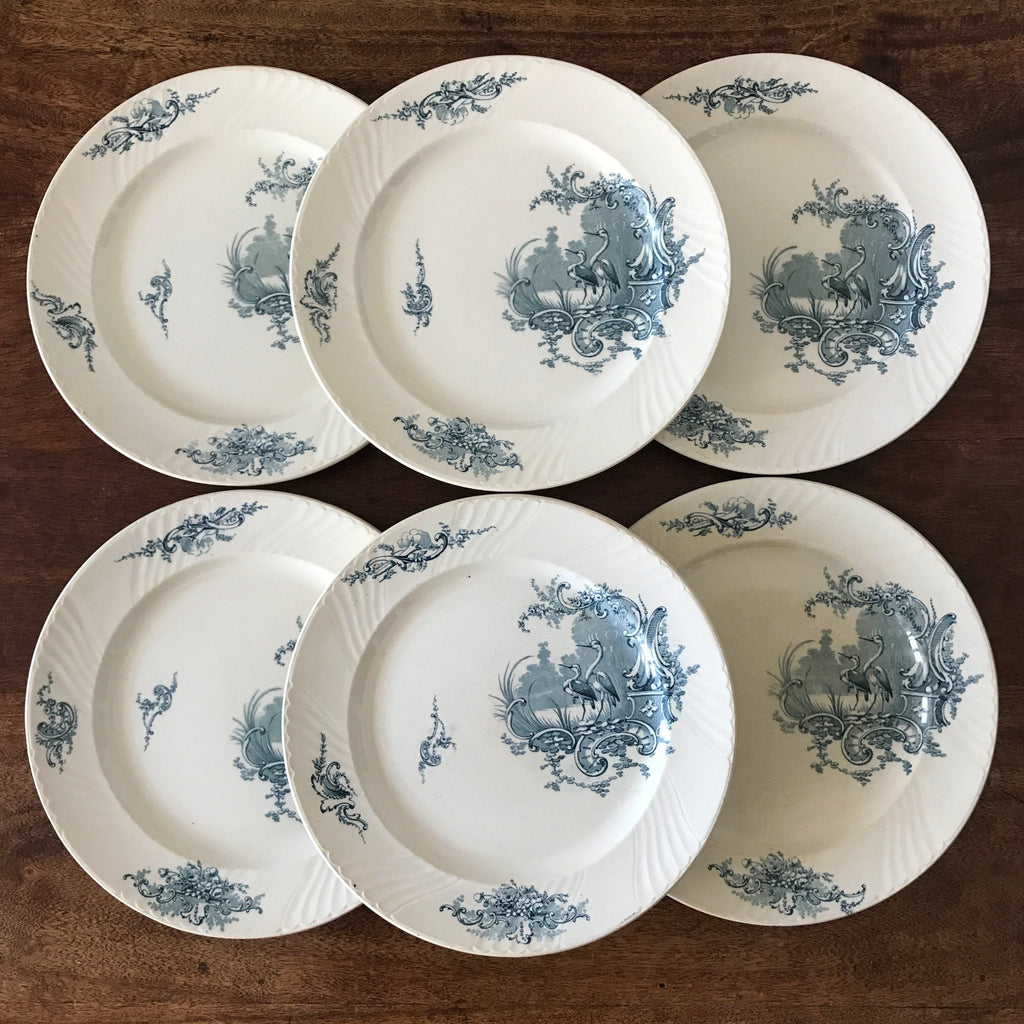 Lot de 6 assiettes plates en faïence de Lunéville K&G décor Rocaille Hérons par Hello Broc brocante en ligne