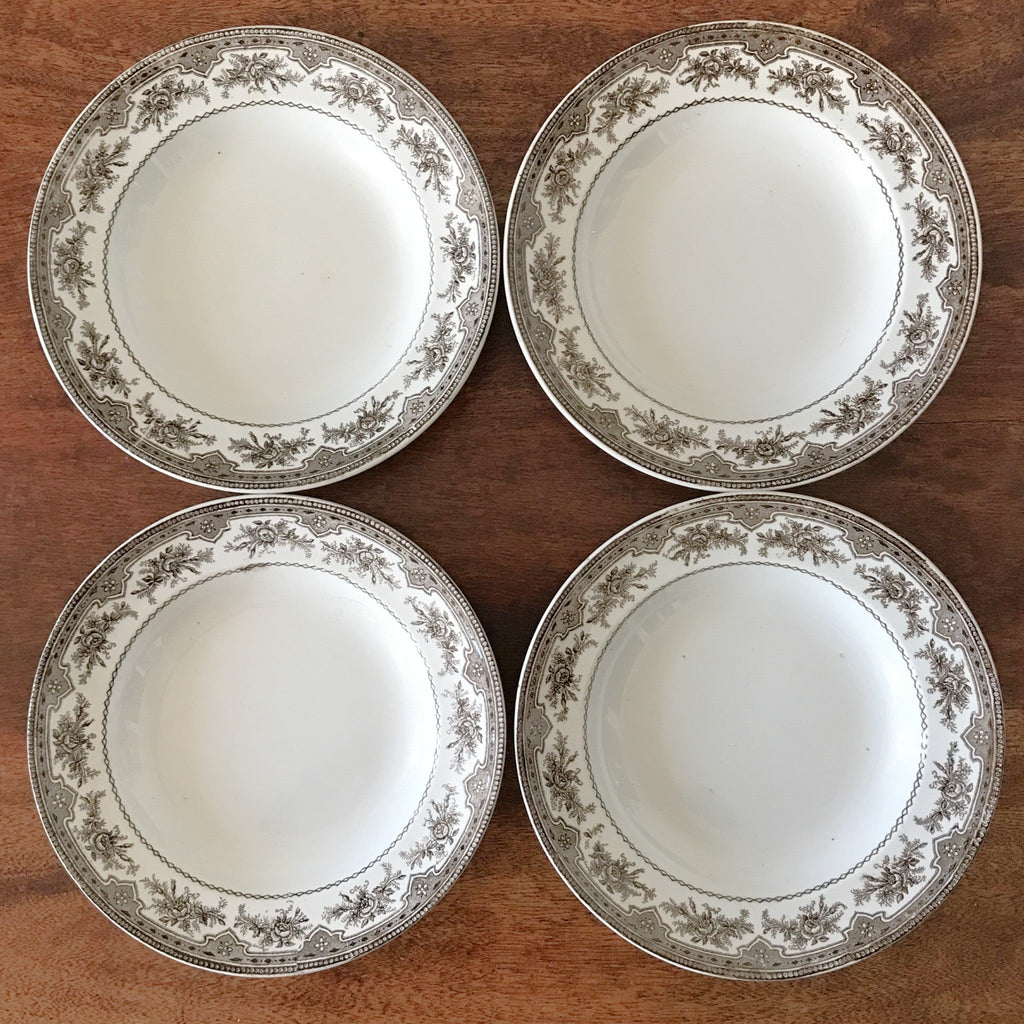 Lot de 4 assiettes creuses anciennes Faïencerie Onnaing Terre de Fer décor Roses - Mousses par Hello Broc brocante en ligne