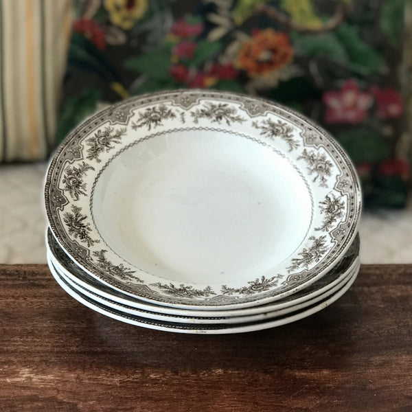 Lot de 4 assiettes creuses Faïencerie Onnaing Terre de Fer décor Roses - Mousses - Hello Broc