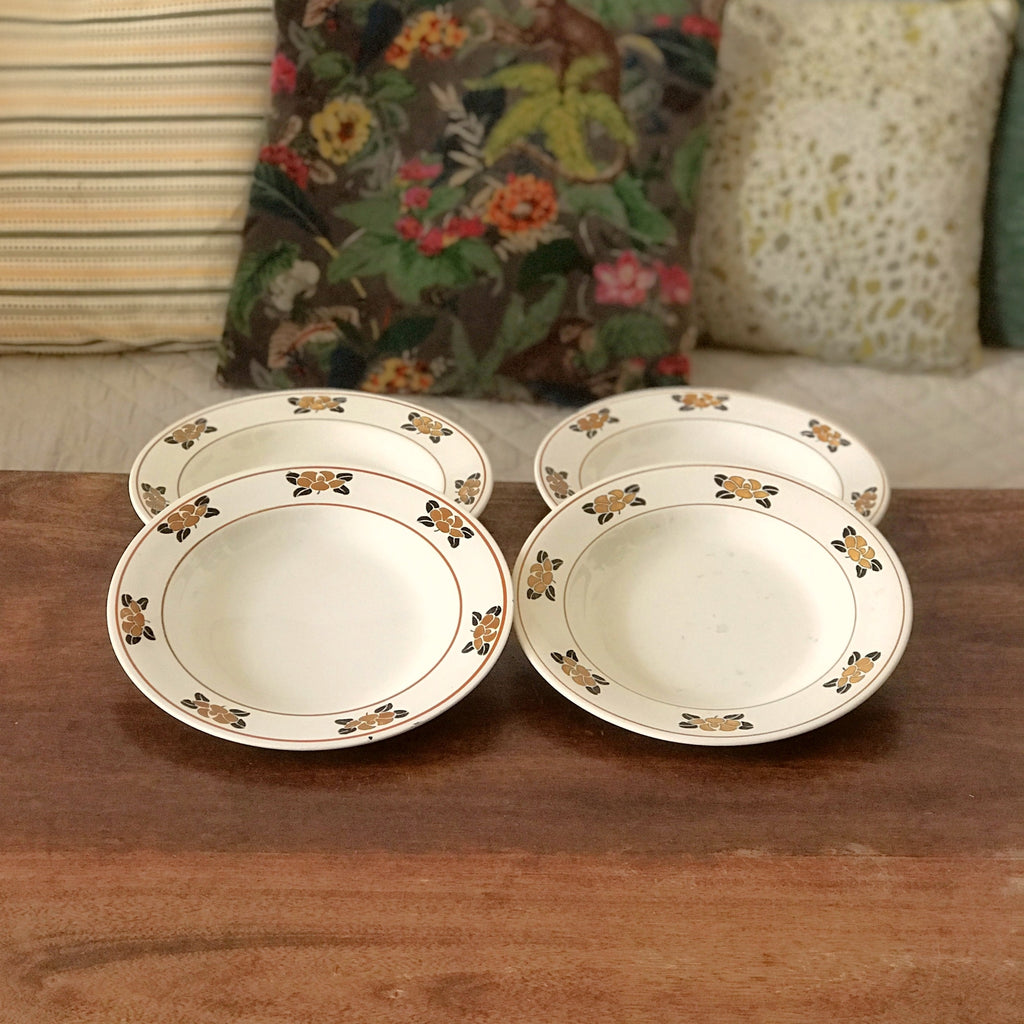 Lot de 4 assiettes creuses E. Charbonnier Salins Terre de Fer décor Nymphea Circa 1920 par Hello Broc brocante en ligne
