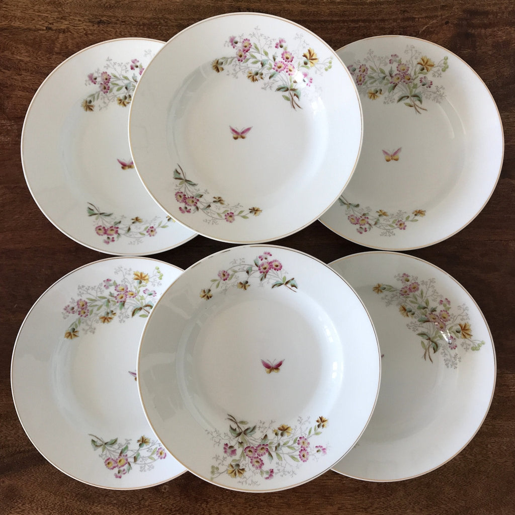 Lot de 6 assiettes creuses en porcelaine décor fleurs & papillon par Hello Broc brocante en ligne