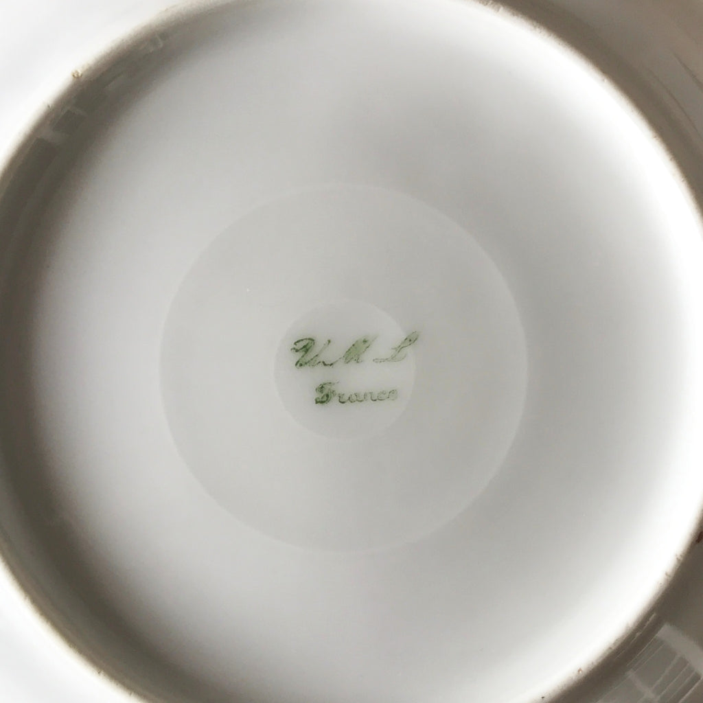 Lot de 5 assiettes creuses en porcelaine blanche de Limoges liserés doré et bleu UML France par Hello Broc brocante en ligne
