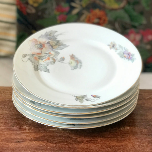Lot de 6 assiettes plates vintage ULIM Limoges France décor pavots par Hello Broc brocante en ligne
