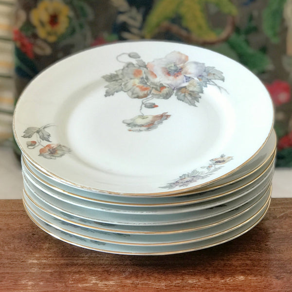Lot de 8 assiettes plates vintage ULIM Limoges France décor pavots par Hello Broc brocante en ligne