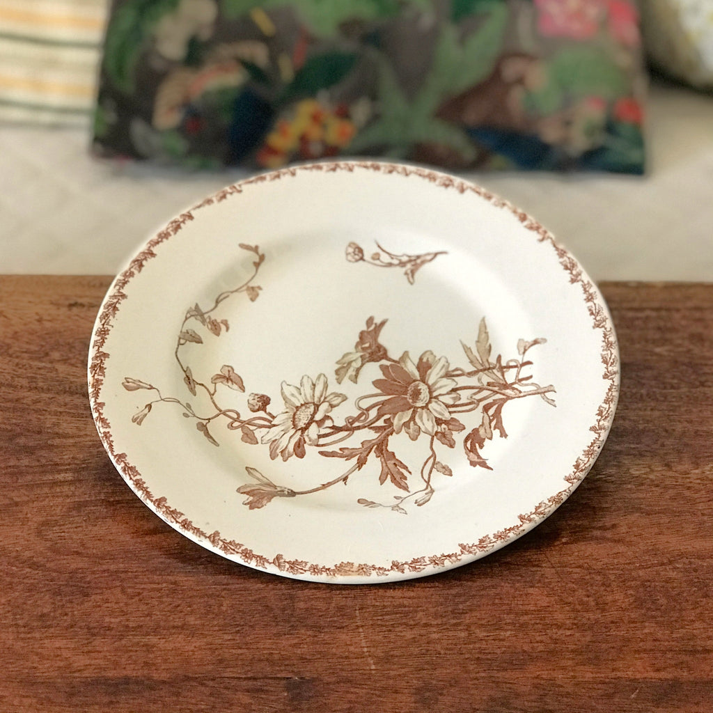 Assiette plate ancienne Terre de Fer décor Marguerite marron attribution Lunéville fin 19ème siècle par Hello Broc brocante en ligne