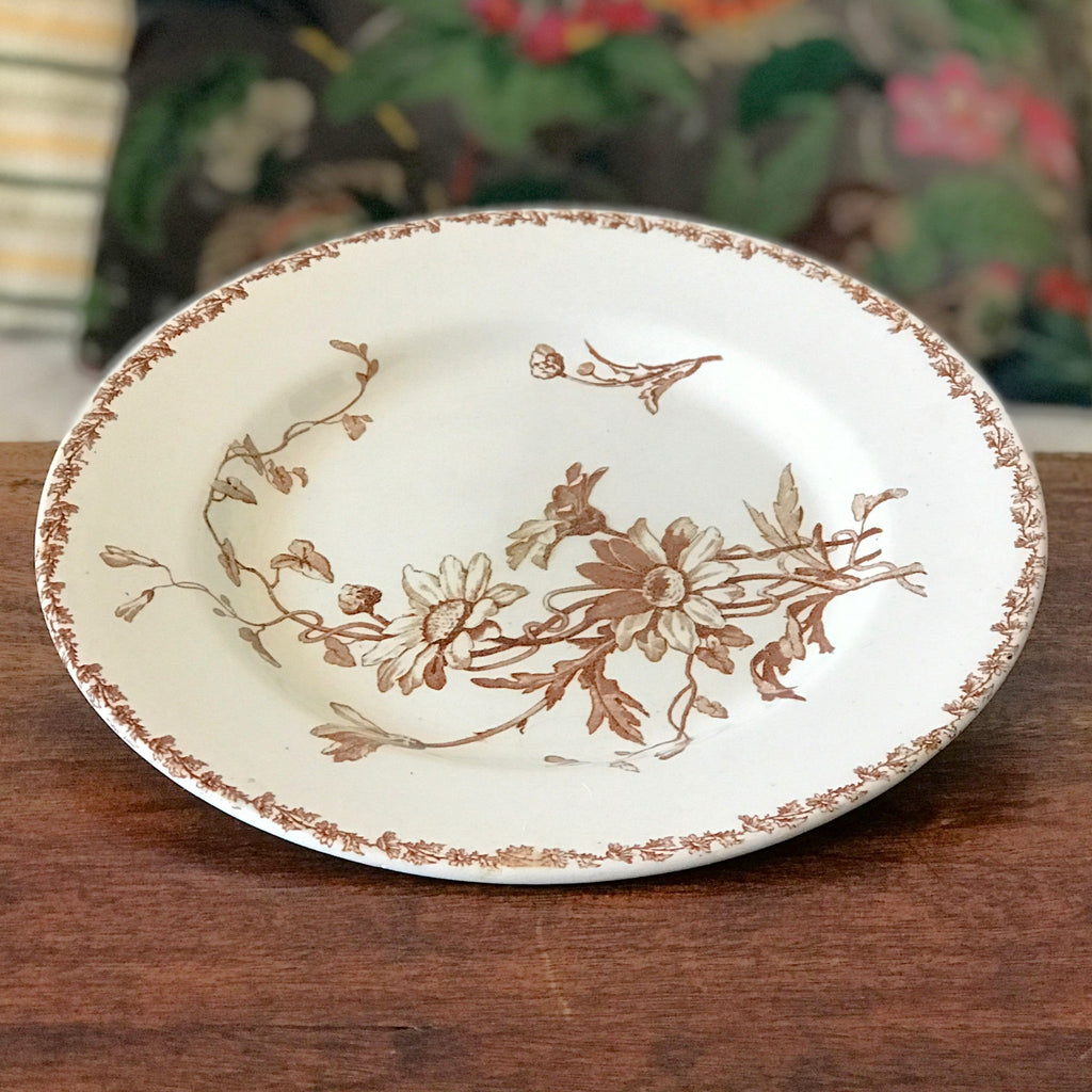 Assiette plate ancienne Terre de Fer décor Marguerite marron attribution Lunéville fin 19ème siècle par Hello Broc brocante en ligne
