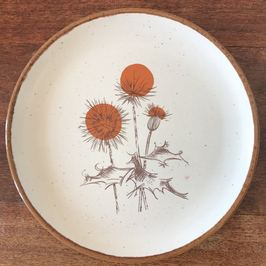 Assiette à dessert  vintage ADP mouchetées décor chardon années 70 diamètre 21 cm par Hello Broc brocante en ligne