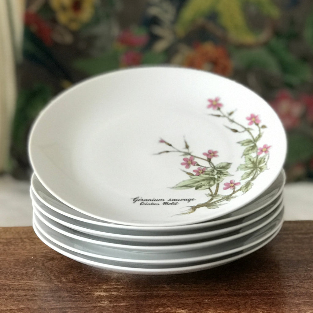 Lot de 6 assiettes à dessert ou à fromage en porcelaine Winterling décor Géranium Sauvage par Mobil par Hello Broc brocante en ligne