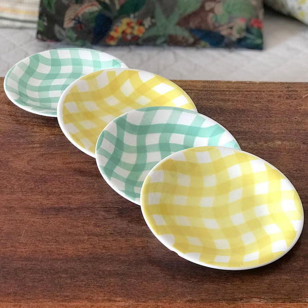 Ensemble de 4 petites assiettes à thé ou à dessert vintage années 60 de Salins France décor Croisette jaune ou vert par Hello Broc brocante en ligne