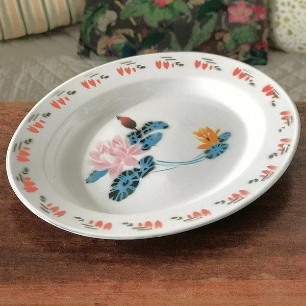 Très grand plat de service vintage de forme ovale en métal émaillé longueur 45 cm de marque Bon Voyage par Hello Broc brocante en ligne 