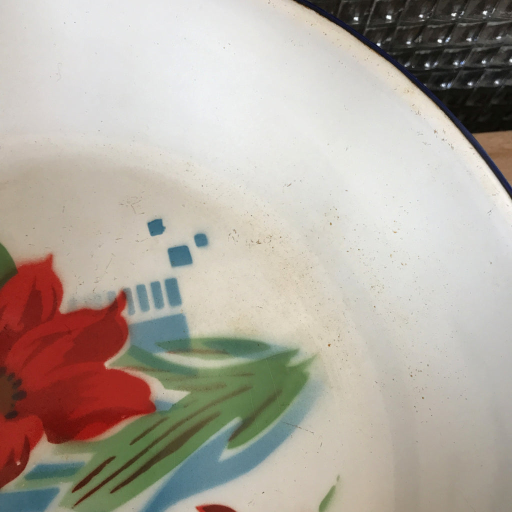 Plat de service vintage rond et creux Bumper Harvest en métal émaillé diamètre 27 cm par Hello Broc brocante en ligne