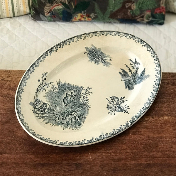 Plat de service ovale en faïence de Pexonne décor Oiseaux par Hello Broc brocante en ligne