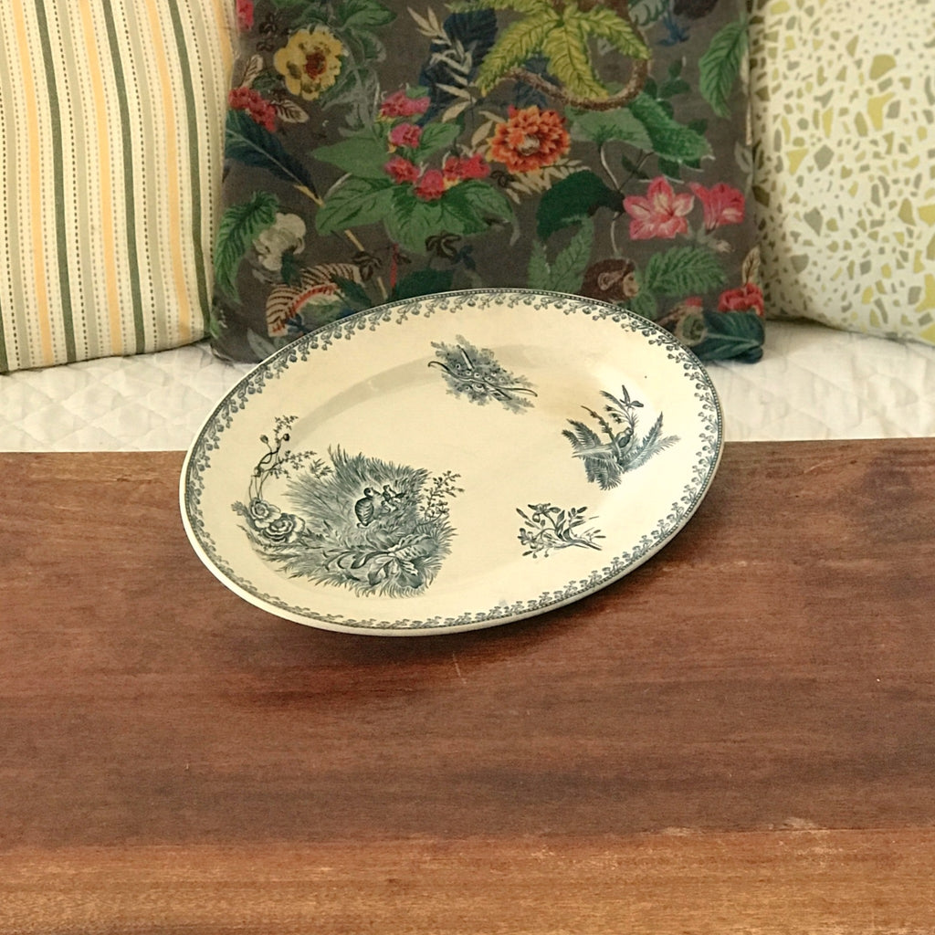 Plat de service ancien forme ovale en faïence de Pexonne décor Oiseaux par Hello Broc brocante en ligne
