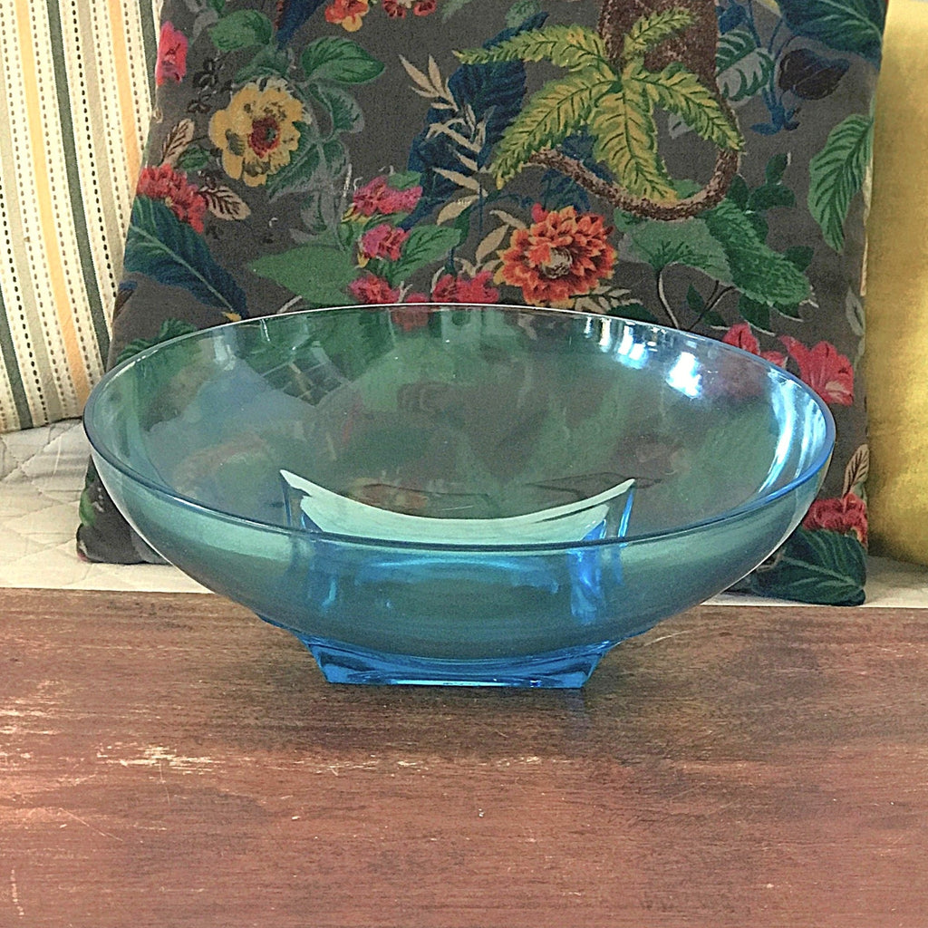 Grand saladier années 50 de style Art Déco en verre moulé bleu par Hello Broc brocante en ligne