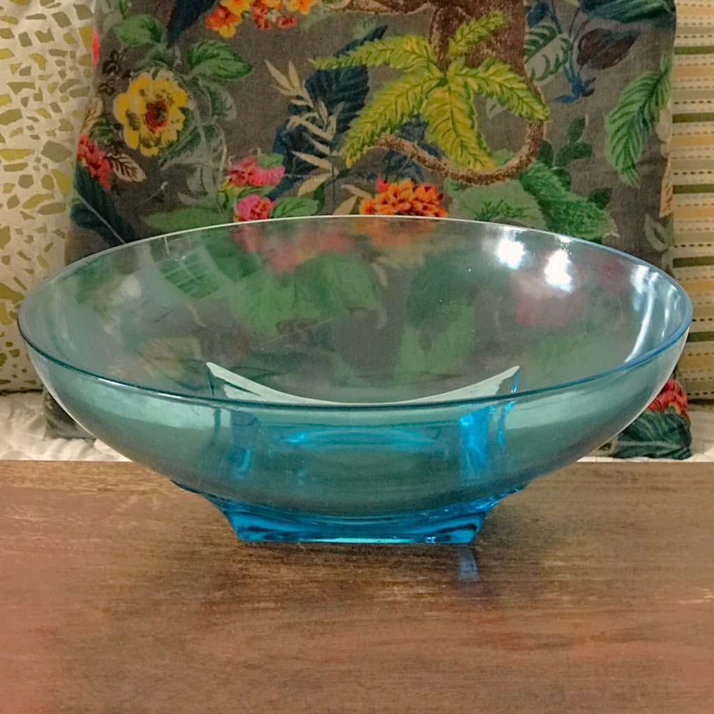 Grand saladier années 50 de style Art Déco en verre moulé bleu par Hello Broc brocante en ligne