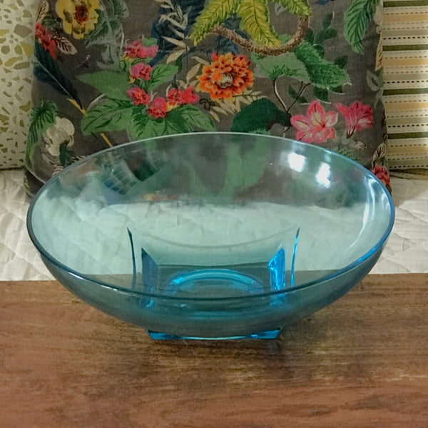 Grand saladier années 50 de style Art Déco en verre moulé bleu par Hello Broc brocante en ligne