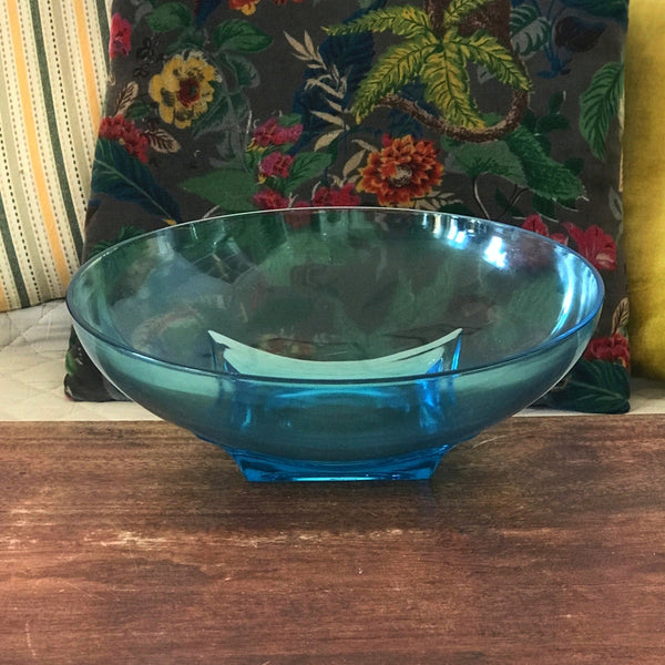 Grand saladier style Art Déco en verre moulé bleu par Hello Broc brocante en ligne