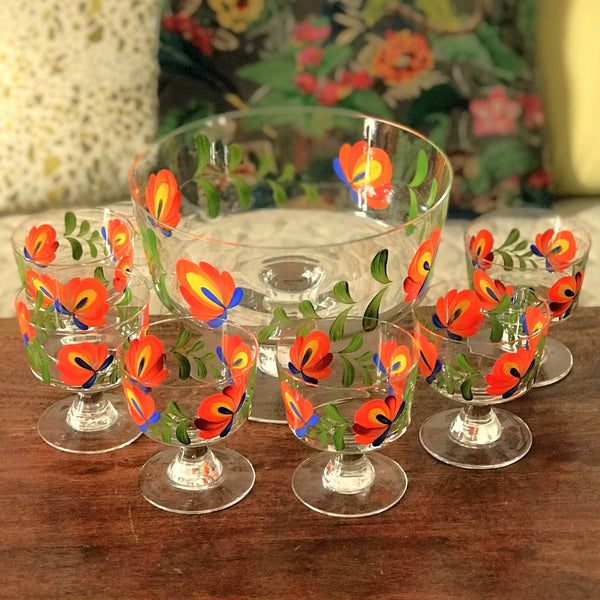 Service à fruits ou à punch vintage  en verre décor peint main années 70 / 80 par  Hello Broc brocante en ligne