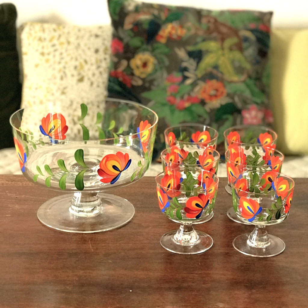Service à fruits ou à punch vintage  en verre décor peint main années 70 / 80 par  Hello Broc brocante en ligne