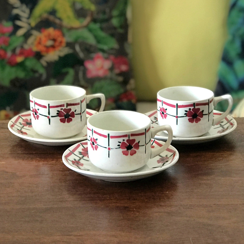 Ensemble de 3 tasses et sous-tasses à café décor Monique de Céranord Saint Amand Nord par Hello Broc brocante en ligne