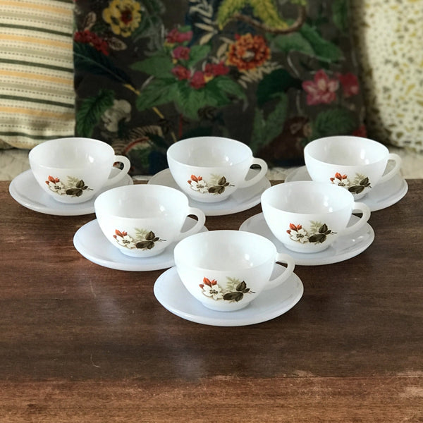 Lot 6 tasses et sous tasses coordonnées à café ou à thé en opaline Arcopal par Hello Broc brocante en ligne