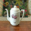 Théière cafetière en porcelaine blanche décor gris et rose fleurs stylisées par Hello Broc brocante en ligne