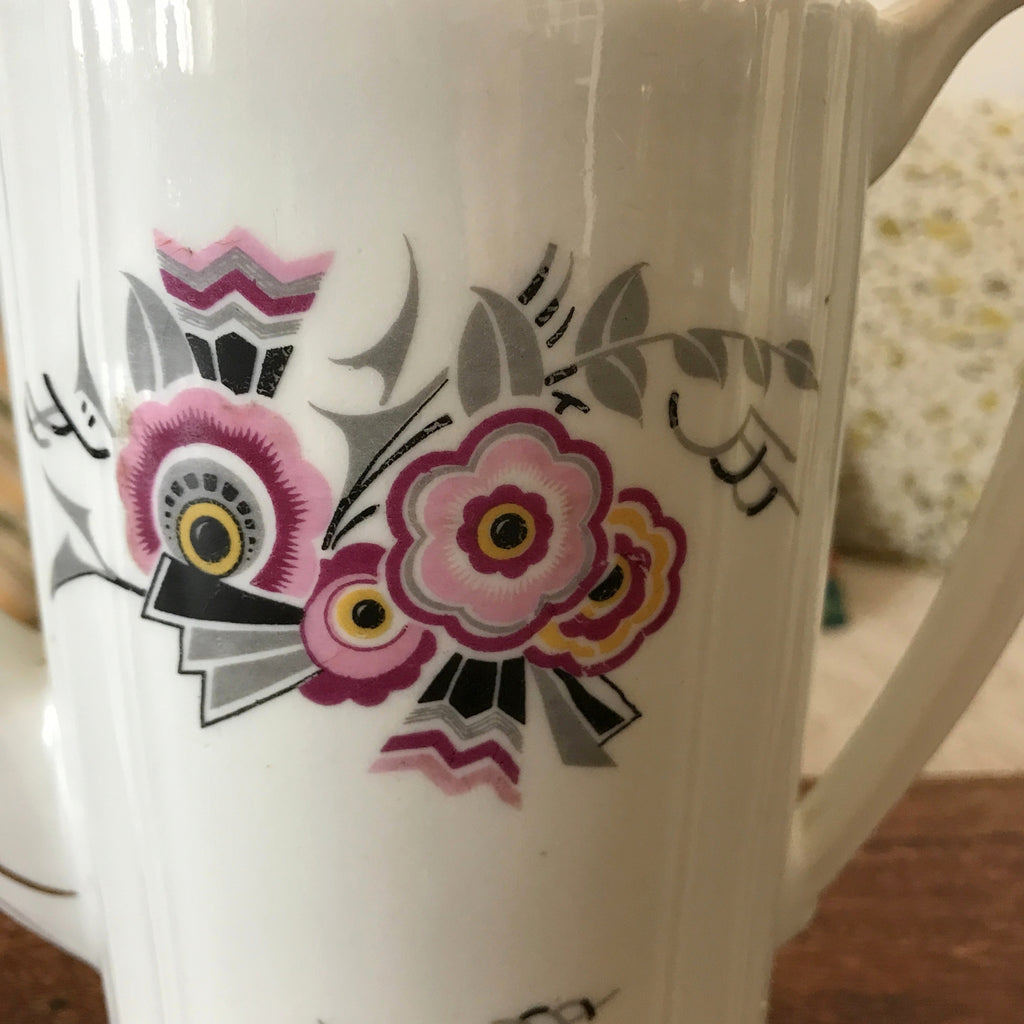 Théière cafetière en porcelaine blanche décor gris et rose fleurs stylisées par Hello Broc brocante en ligne