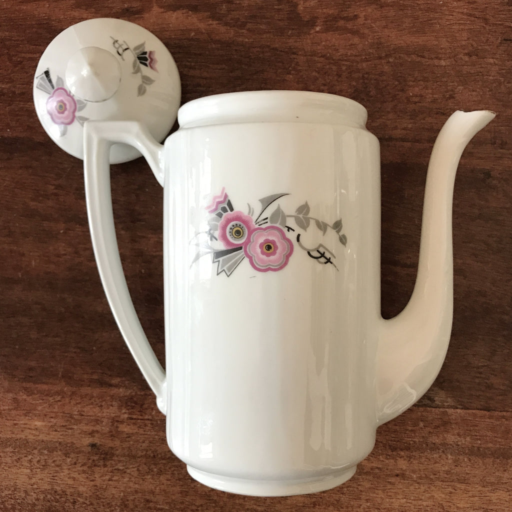 Théière cafetière en porcelaine blanche décor gris et rose fleurs stylisées par Hello Broc brocante en ligne