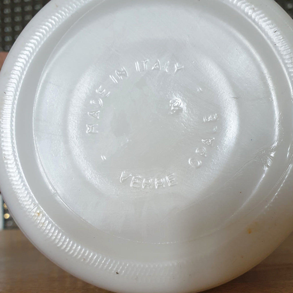 Grand bocal style pot d'apothicaire vintage en verre opalin blanc décor bleu made in Italy par Hello Broc brocante en ligne