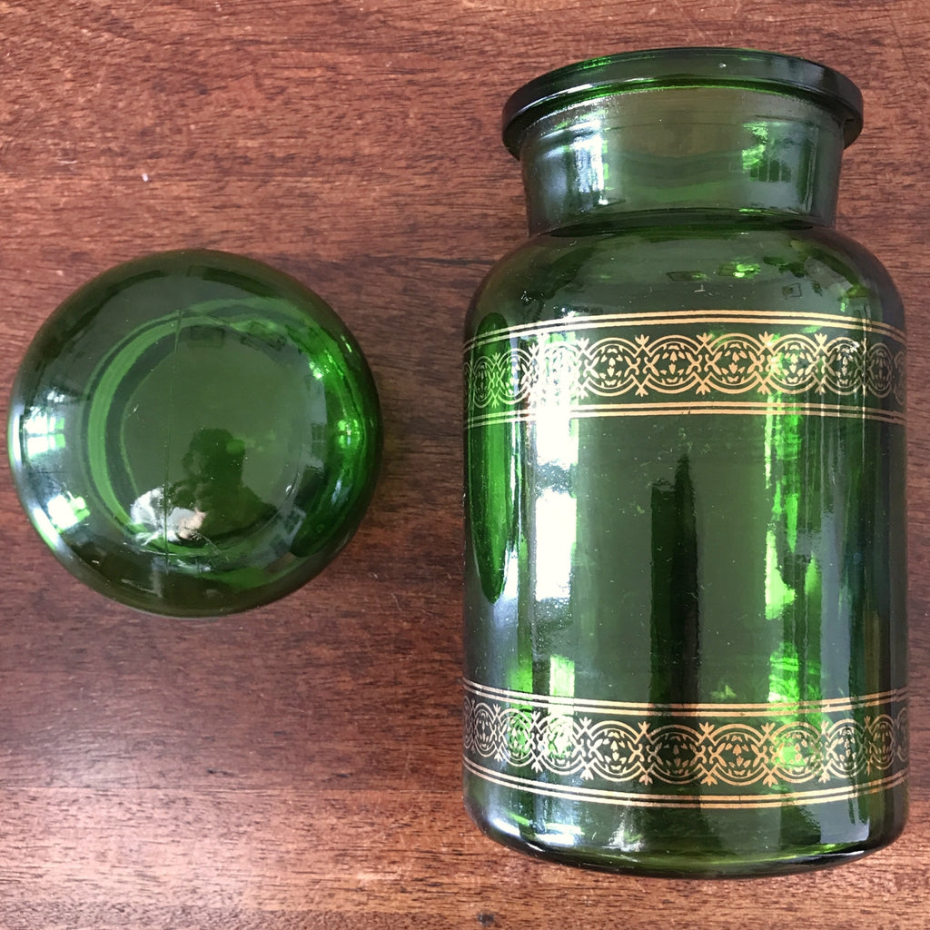 Ancien bocal à café vintage en verre moulé vert et frises imprimées dorées par Hello Broc brocante en ligne
