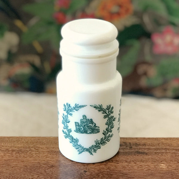 Petit bocal vintage style apothicaire en verre opalin blanc décor vert bleu Made in Italy par Hello Broc brocante en ligne