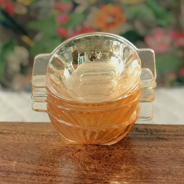 Lot de 4 coupelles en verre moulé irisé jaune orangé à anses Huilor Croix Verte par Hello Broc brocante en ligne